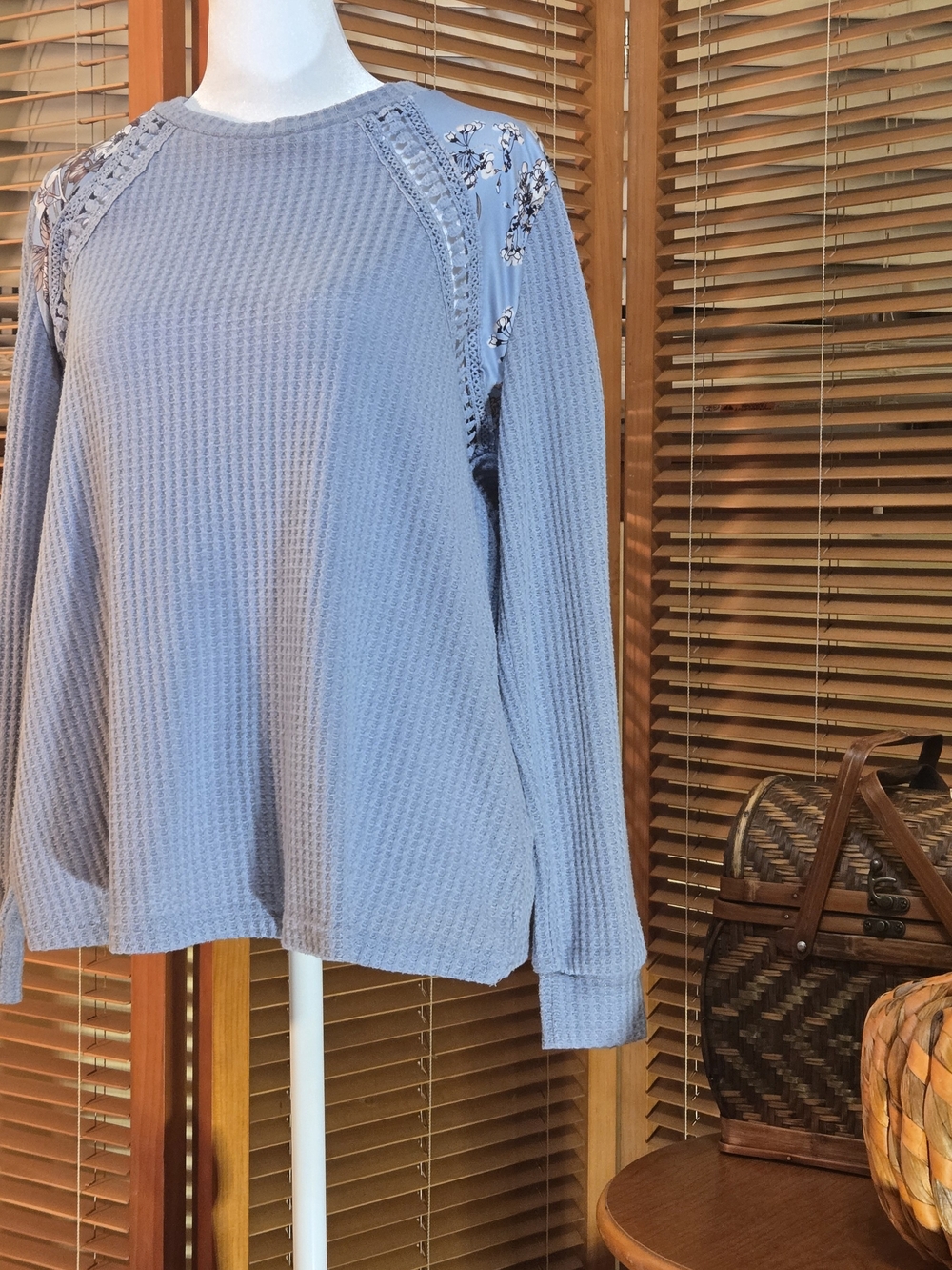 Blue Waffle Knit Crochet Lace Long Sleeve Top